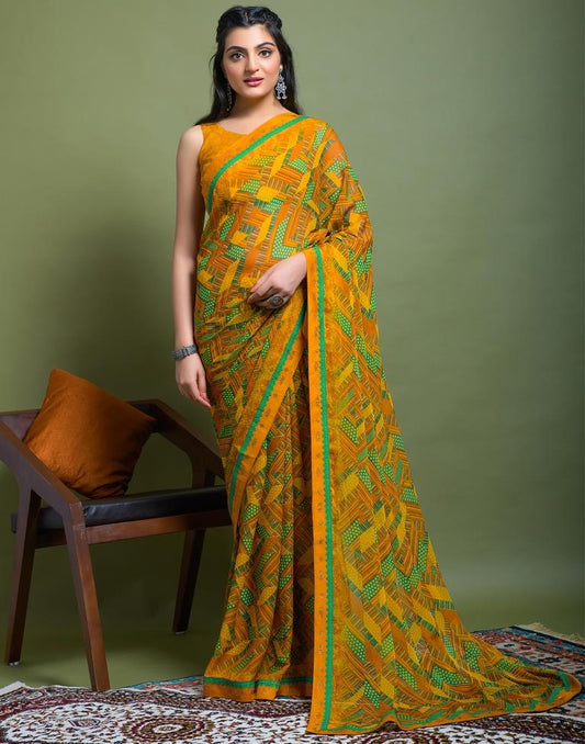 Turmeric Yellow Chiffon Printed Saree