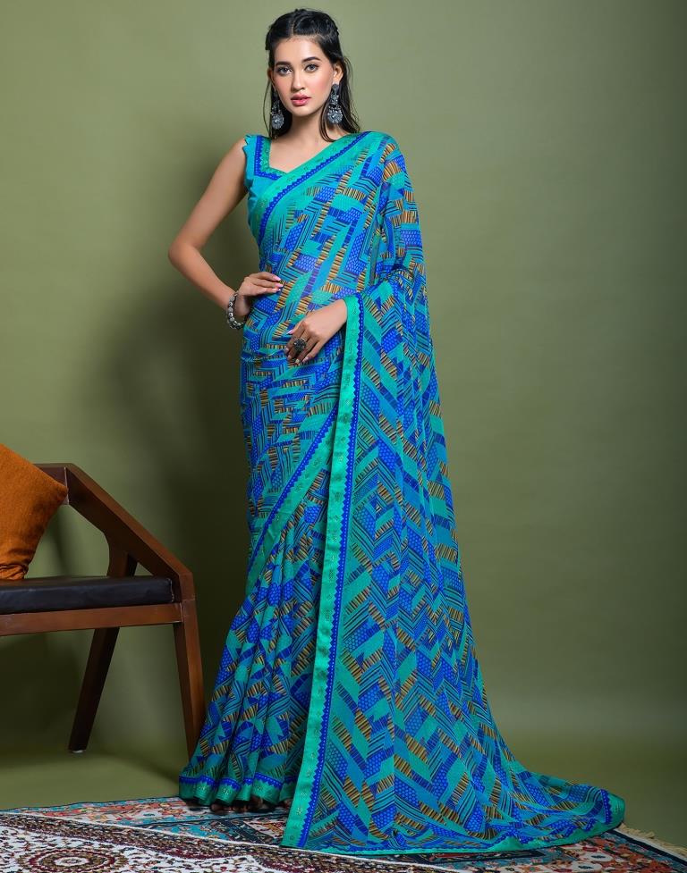 Peacock Blue Chiffon Printed Saree
