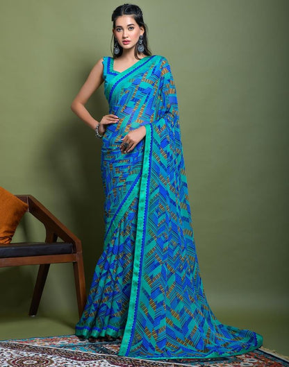 Peacock Blue Chiffon Printed Saree
