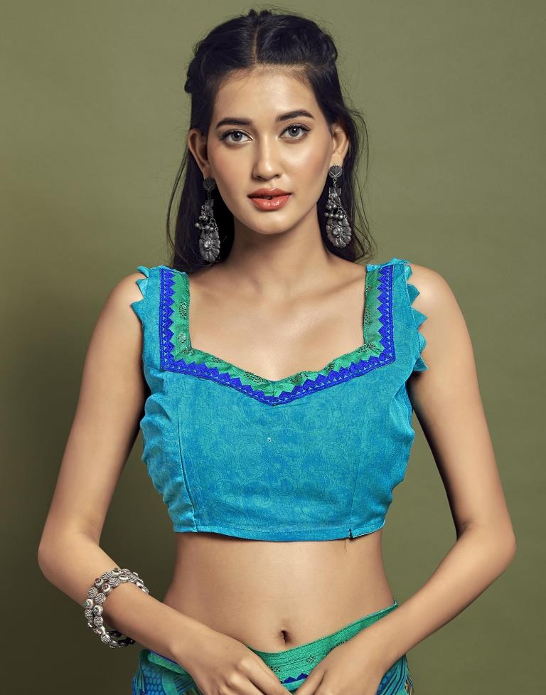 Peacock Blue Chiffon Printed Saree