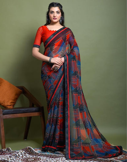 Red Chiffon Printed Saree