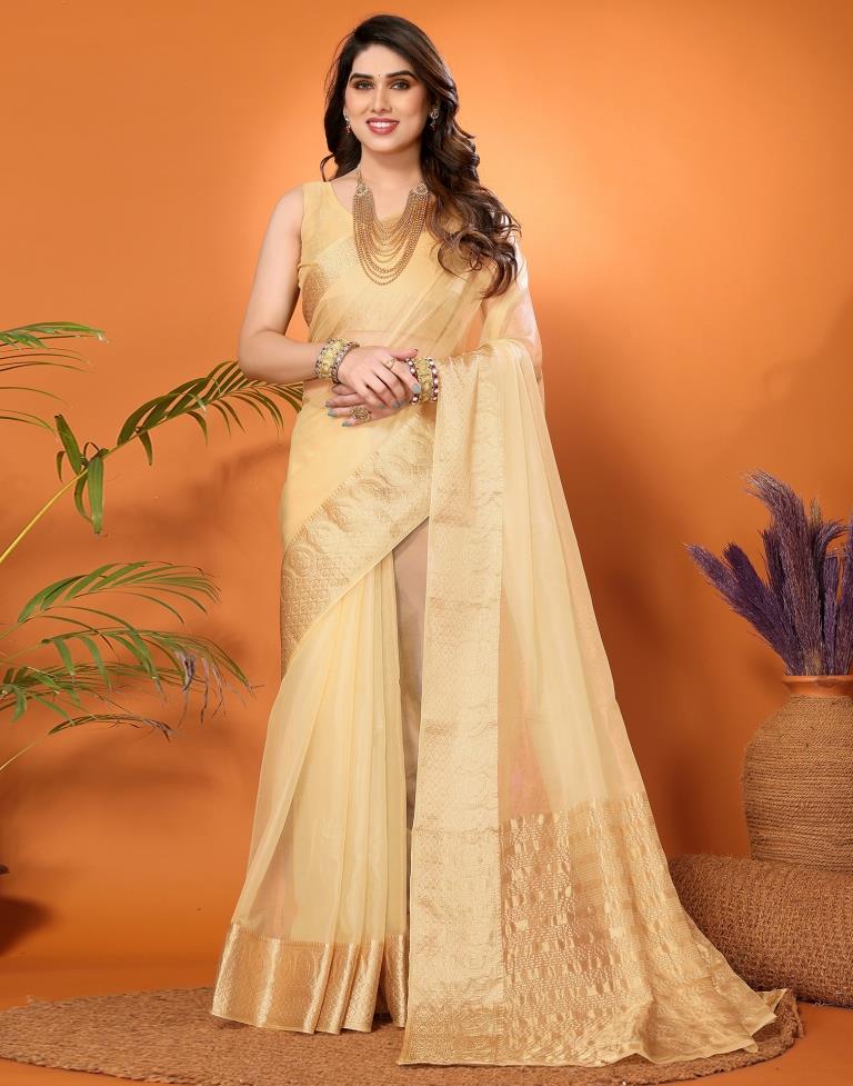 Beige Plain Organza Saree