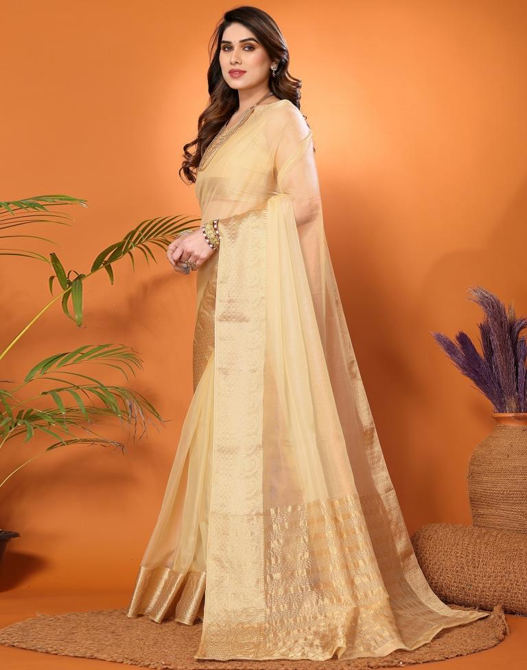 Beige Plain Organza Saree