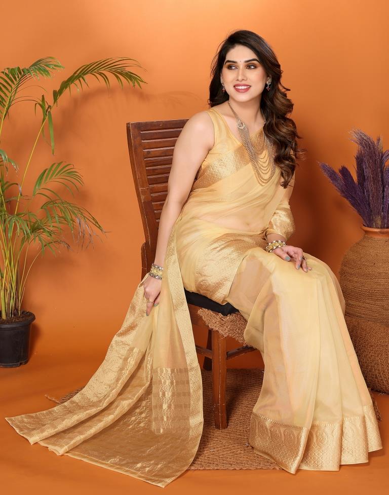 Beige Plain Organza Saree