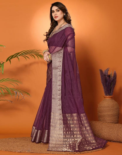 Wine Plain Organza Saree