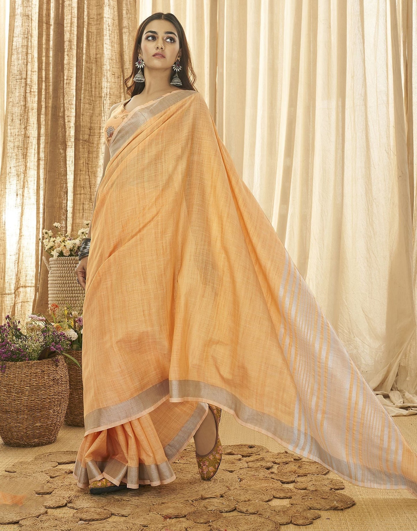 Light Orange Zari Cotton Plain Saree