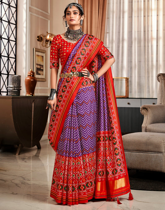 Purple And Red Patola Printed Saree