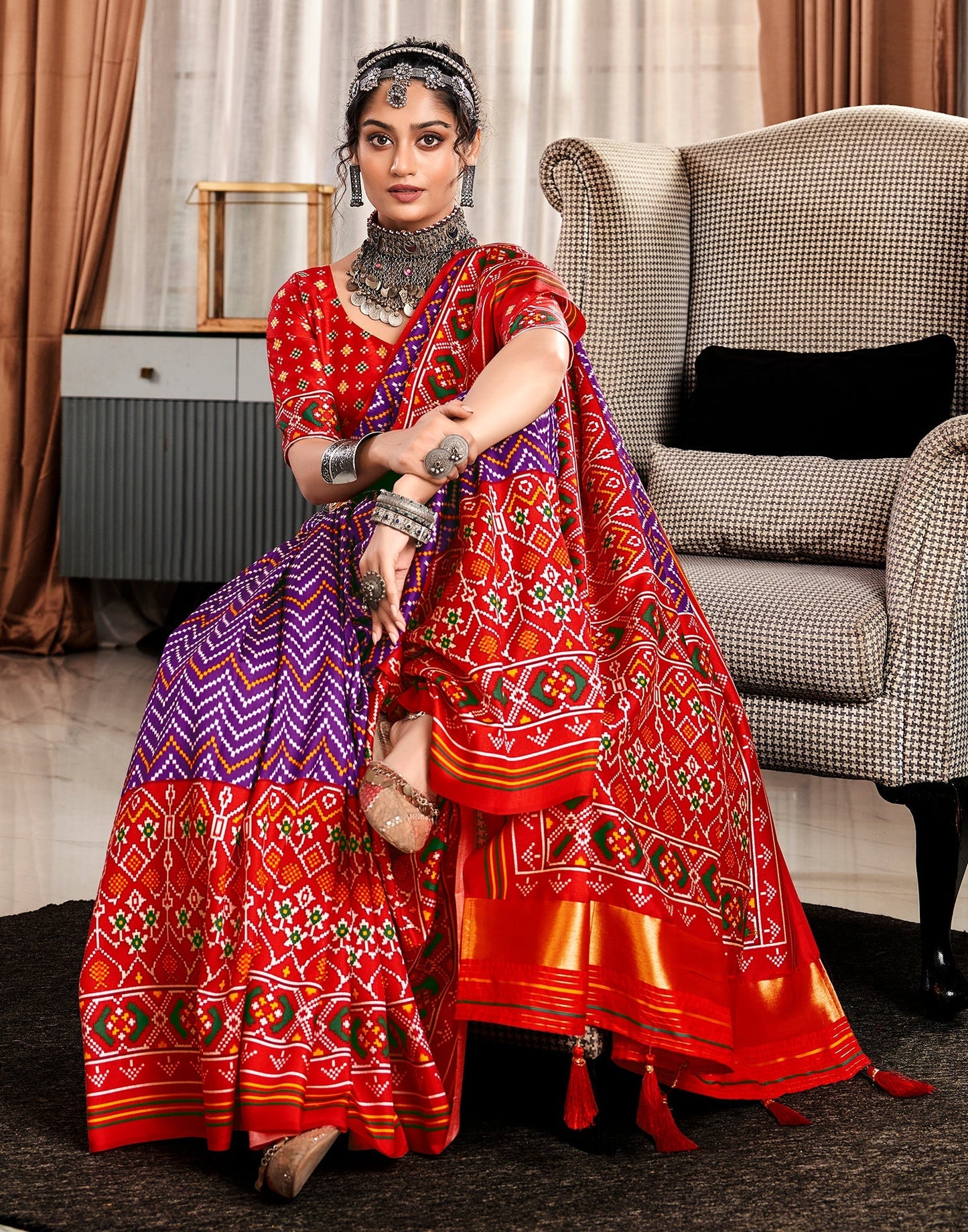 Purple And Red Patola Printed Saree