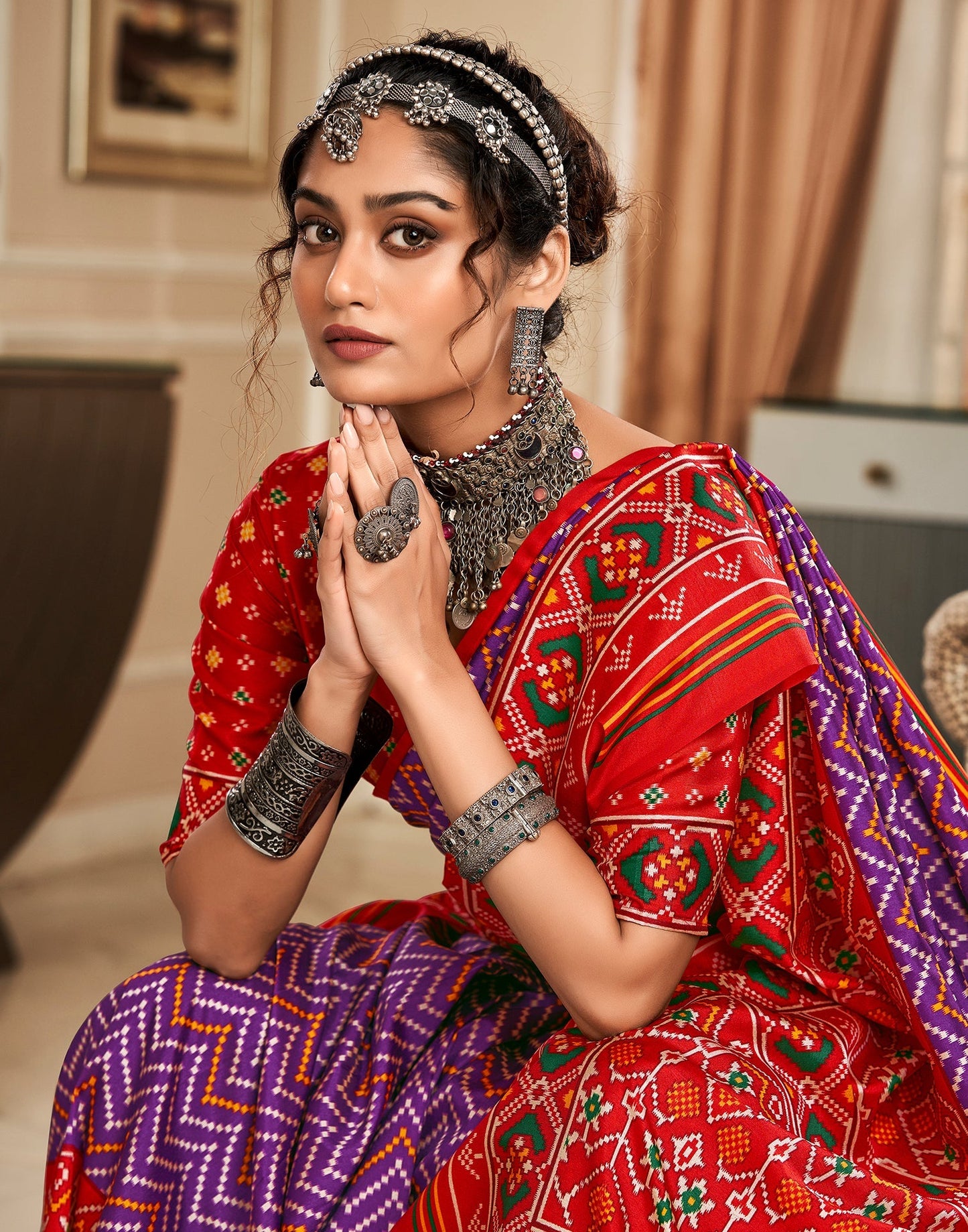 Purple And Red Patola Printed Saree