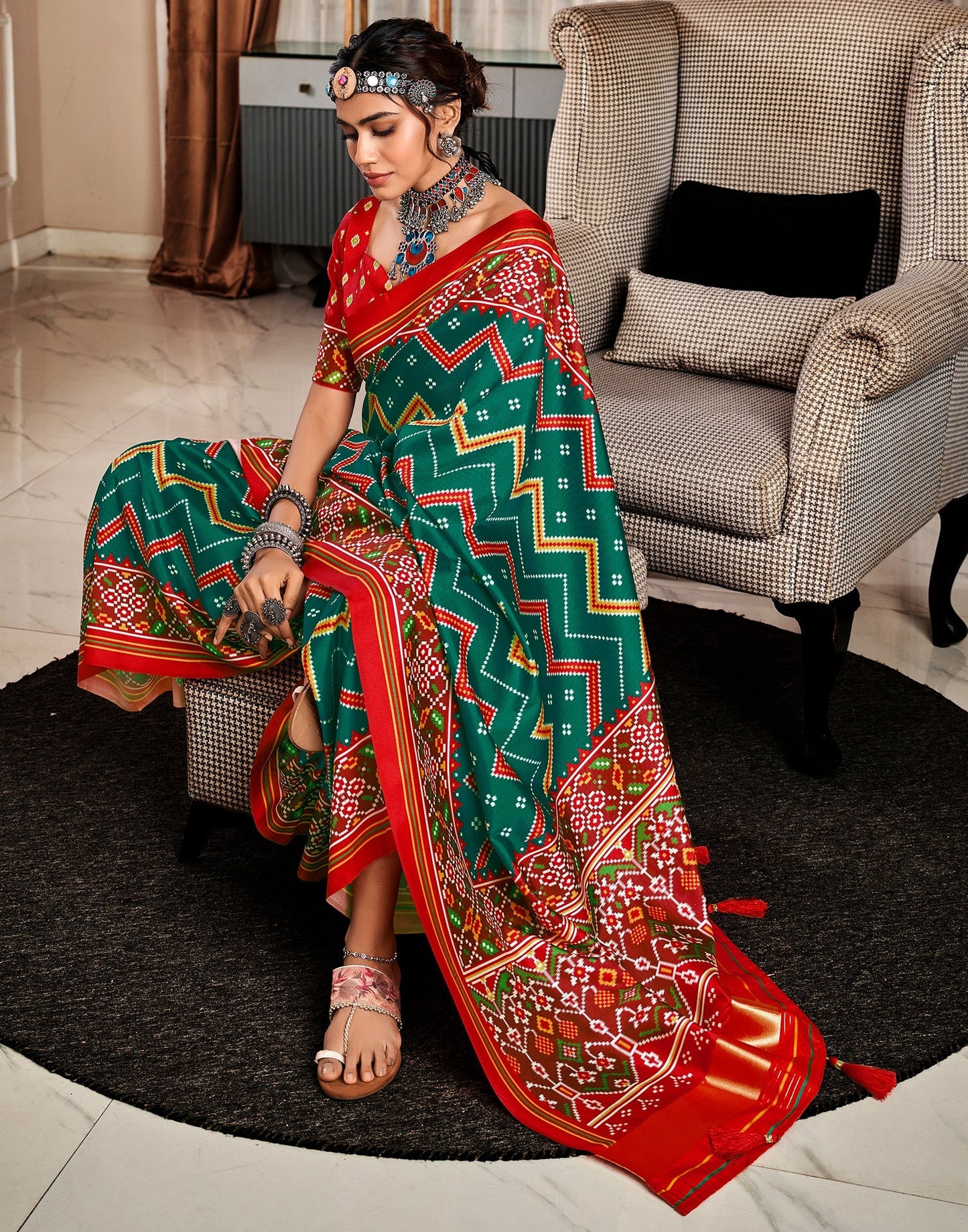 Green Printed Silk Saree