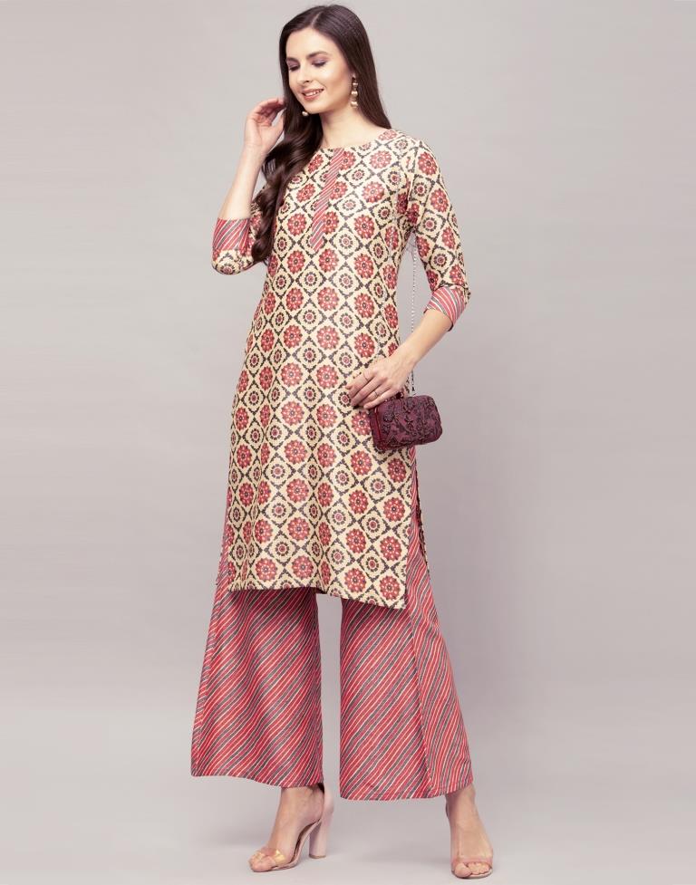 Pink Coloured Cotton Digital Printed Kurti With Palazzo | Leemboodi