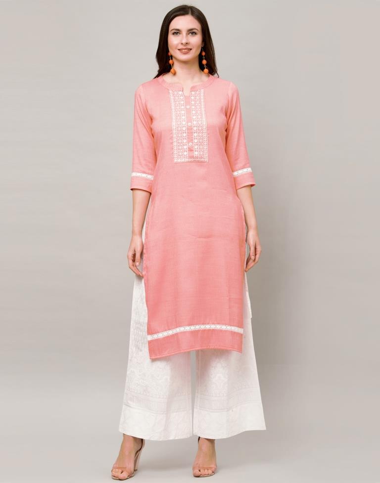 Valiant  Peach Coloured Embroidered Patch Cotton Kurti | Leemboodi