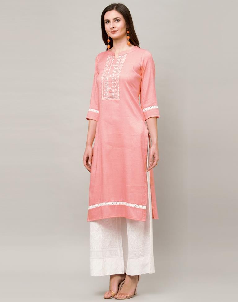 Valiant  Peach Coloured Embroidered Patch Cotton Kurti | Leemboodi