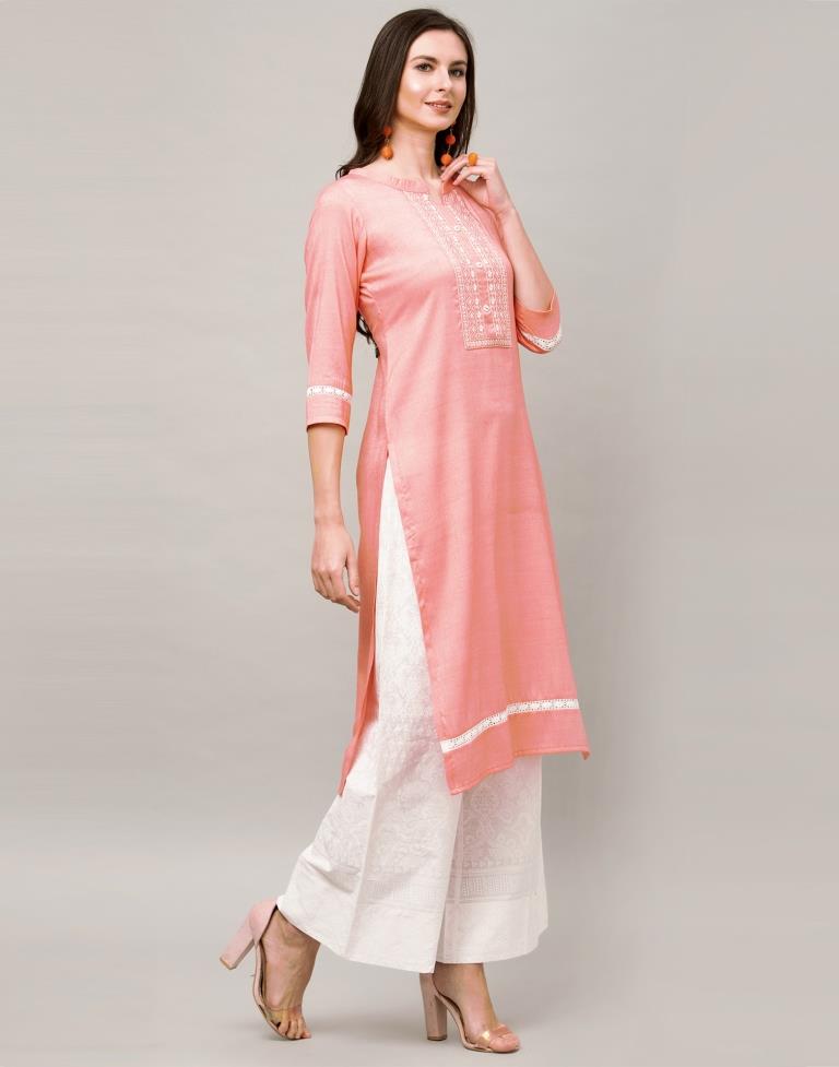 Valiant  Peach Coloured Embroidered Patch Cotton Kurti | Leemboodi