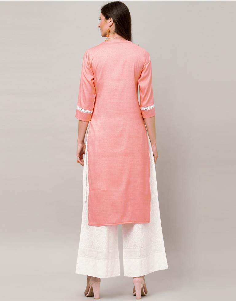 Valiant  Peach Coloured Embroidered Patch Cotton Kurti | Leemboodi