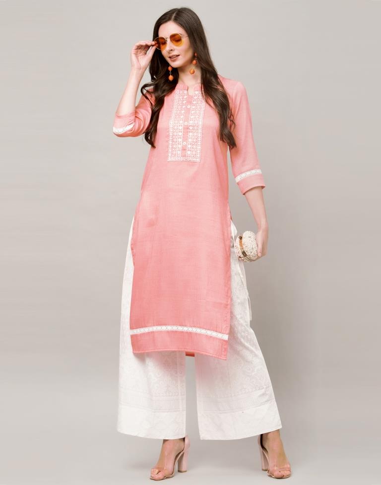 Valiant  Peach Coloured Embroidered Patch Cotton Kurti | Leemboodi