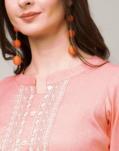 Valiant  Peach Coloured Embroidered Patch Cotton Kurti | Leemboodi