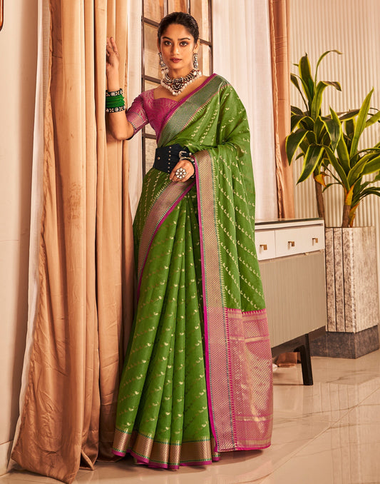 Mehandi Green Jaquard Silk Banarasi Saree