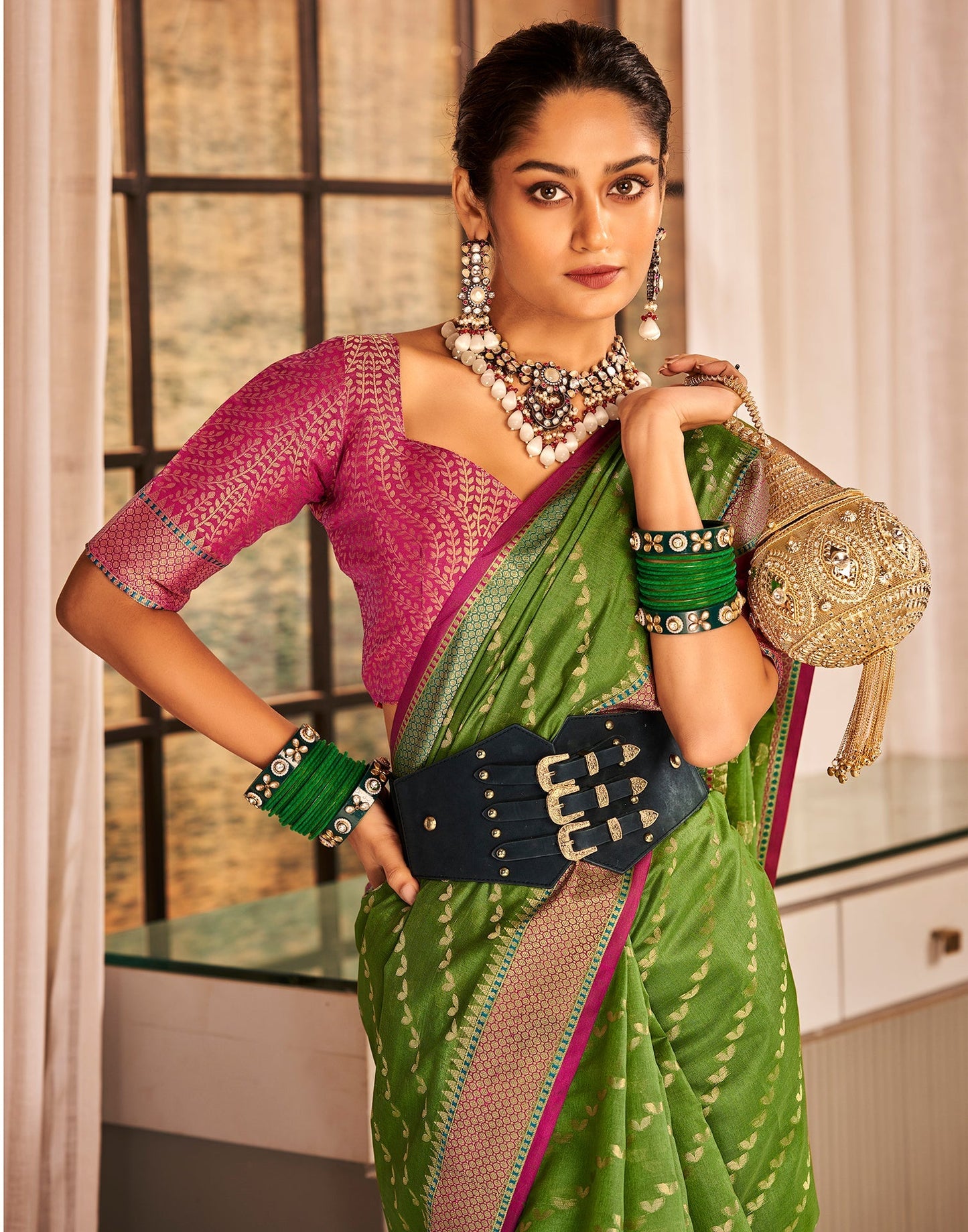 Mehandi Green Jaquard Silk Banarasi Saree