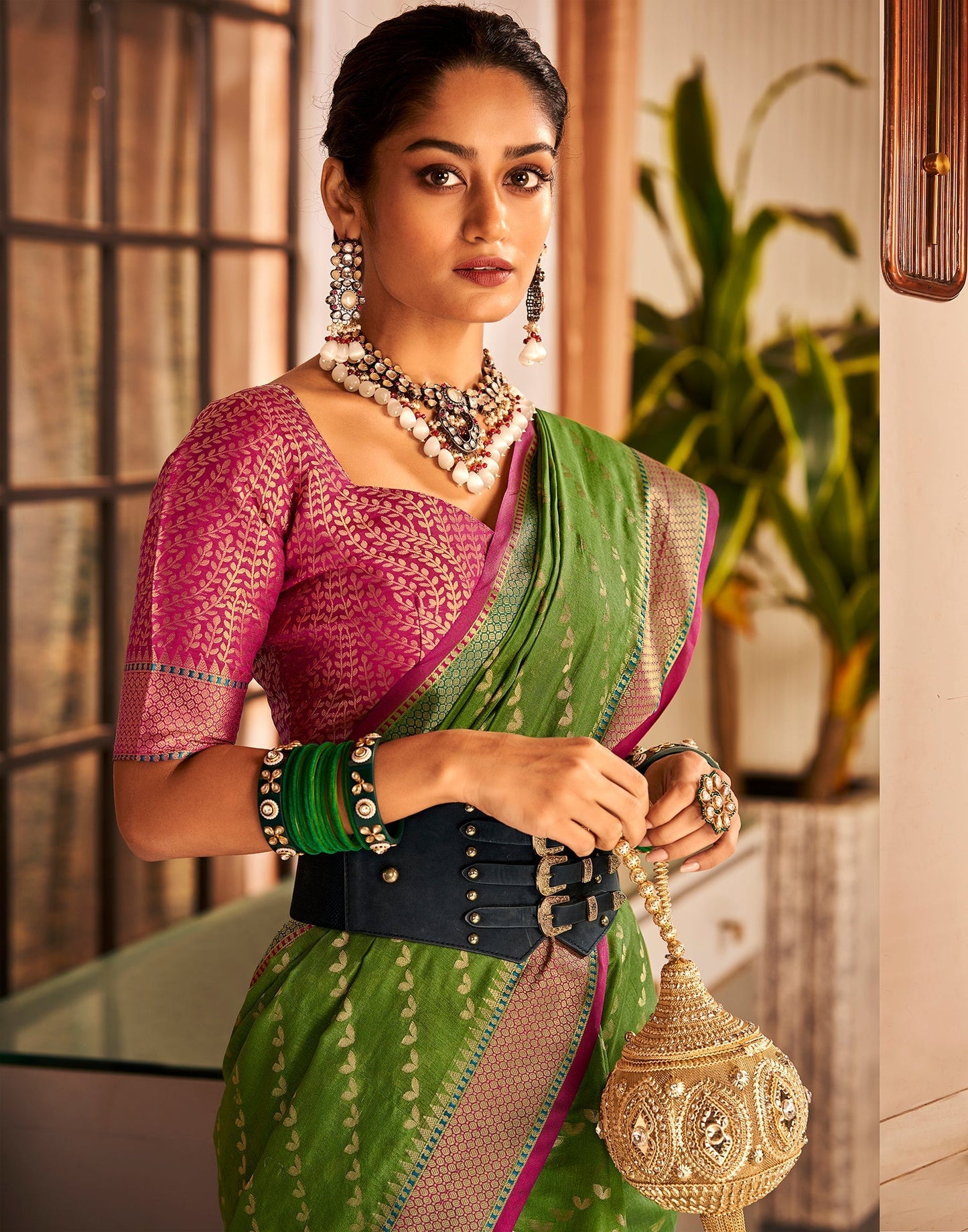 Mehandi Green Jaquard Silk Banarasi Saree