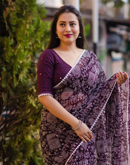 Wine Georgette Printed Saree