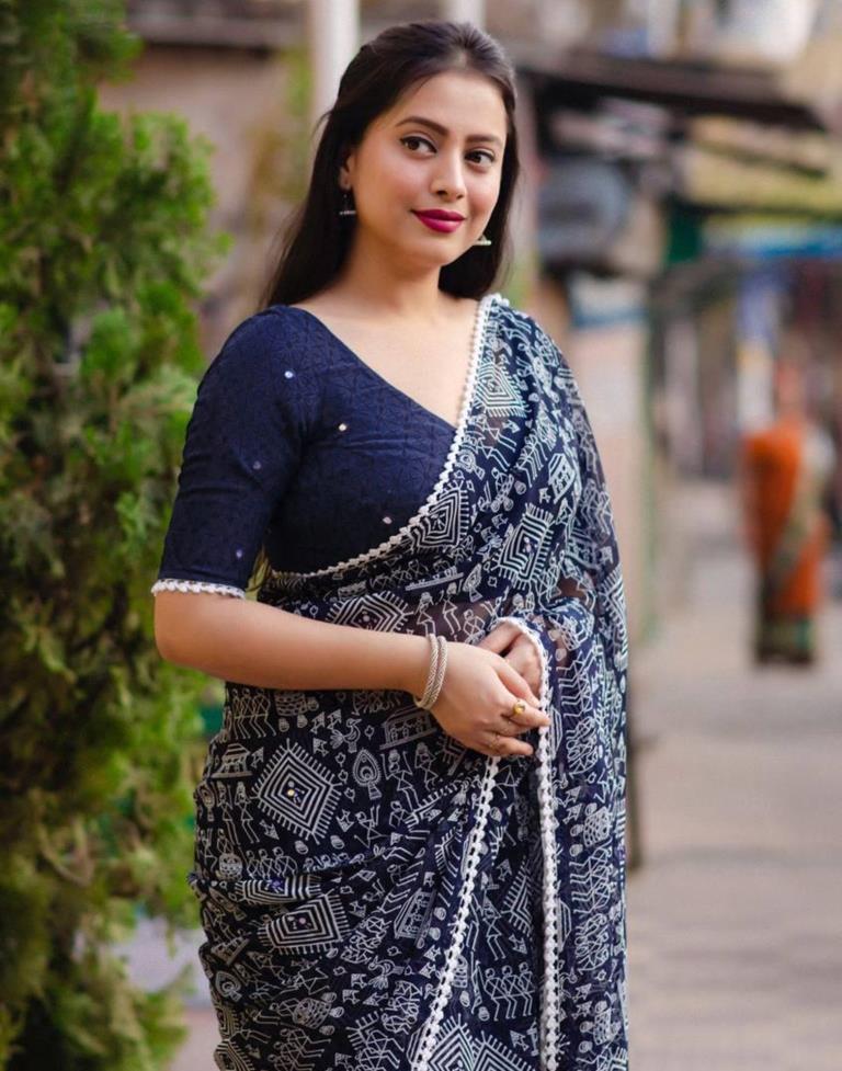 Navy Blue Printed Georgette Saree