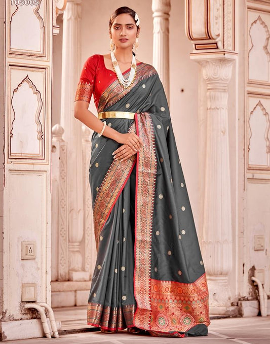 Dark Grey Jacquard Silk Saree