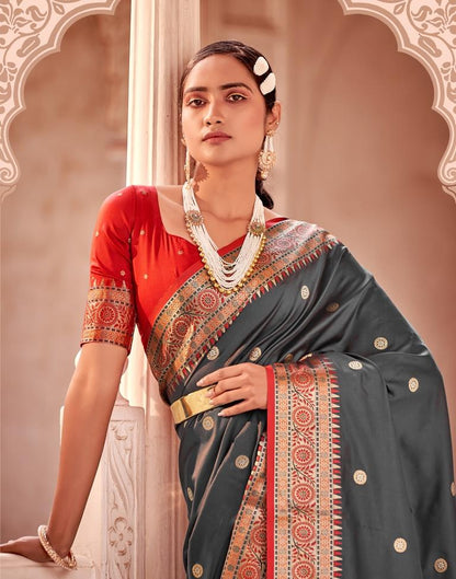 Dark Grey Jacquard Silk Saree