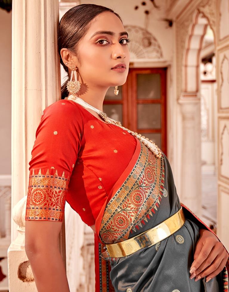 Dark Grey Jacquard Silk Saree