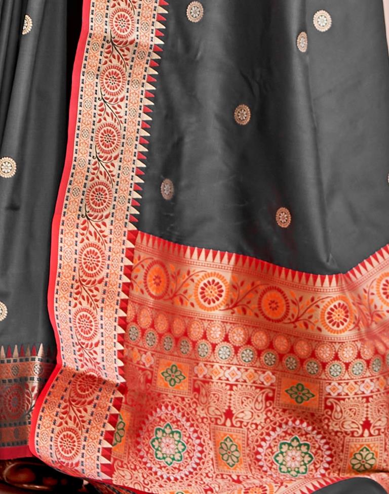 Dark Grey Jacquard Silk Saree