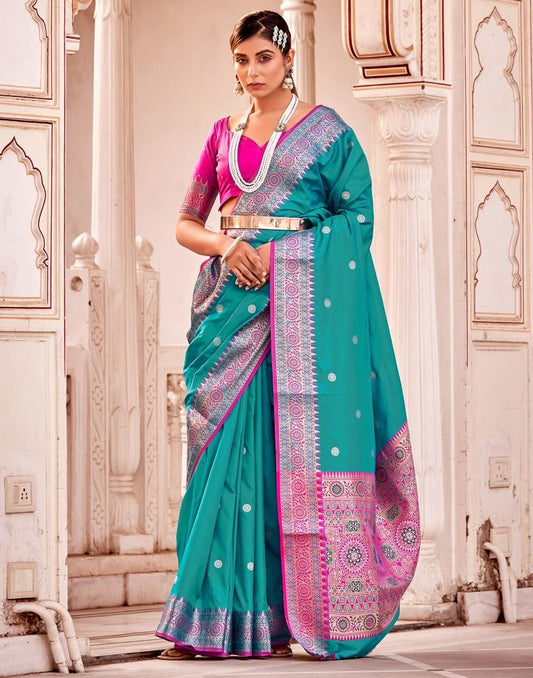 Turquoise Jacquard Silk Saree