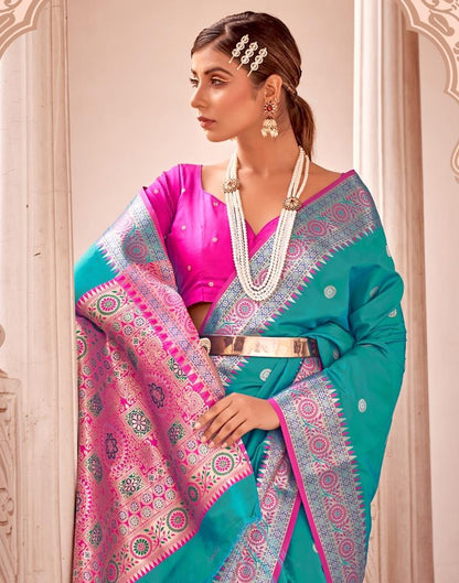 Turquoise Jacquard Silk Saree