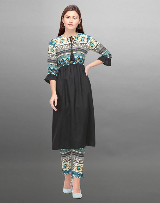 Black Coloured Polyester Digital Printed Kurti With Palazzo | Leemboodi