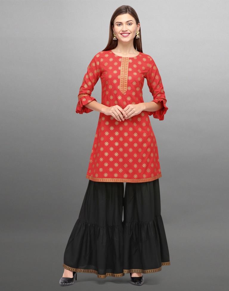 Red Foil Printed Crepe Kurti | Leemboodi