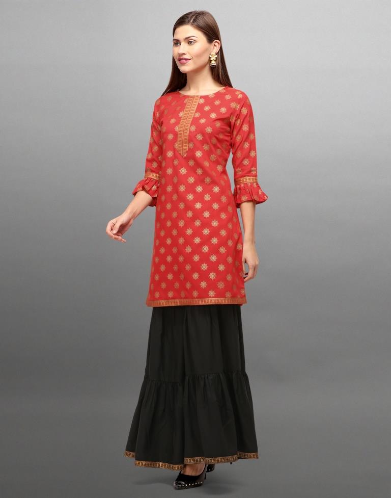 Red Foil Printed Crepe Kurti | Leemboodi