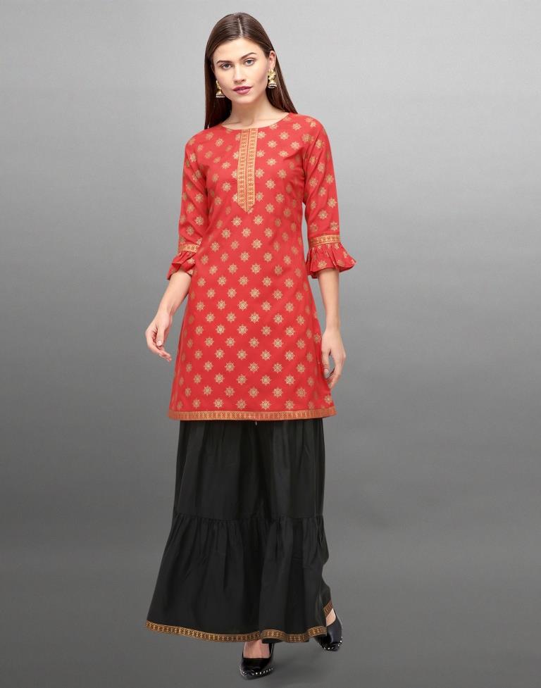 Red Foil Printed Crepe Kurti | Leemboodi