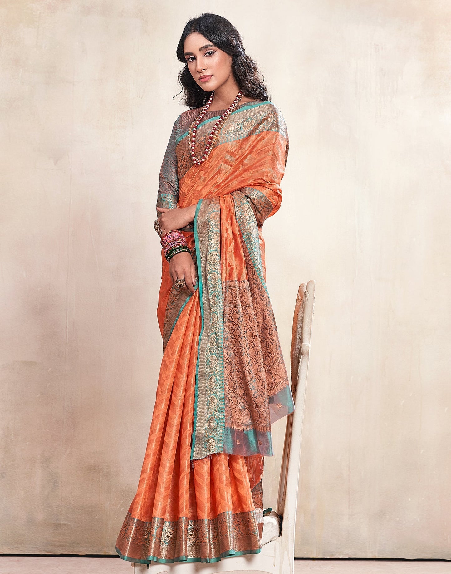 Peach Weaving Cotton Banarasi Saree