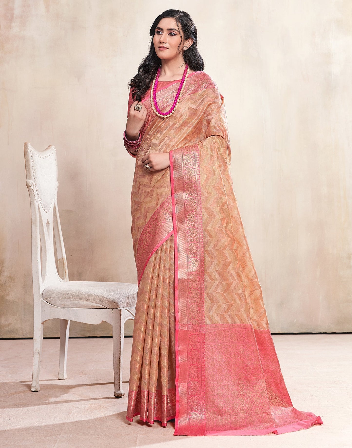 Beige Weaving Cotton Banarasi Saree