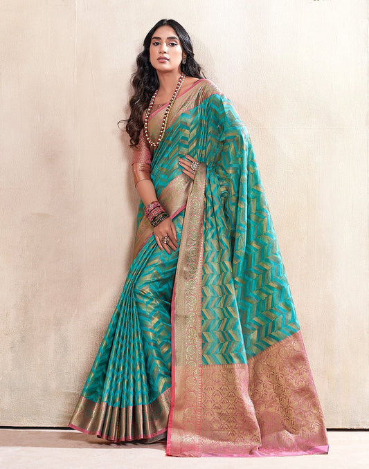Turquoise Weaving Cotton Banarasi Saree