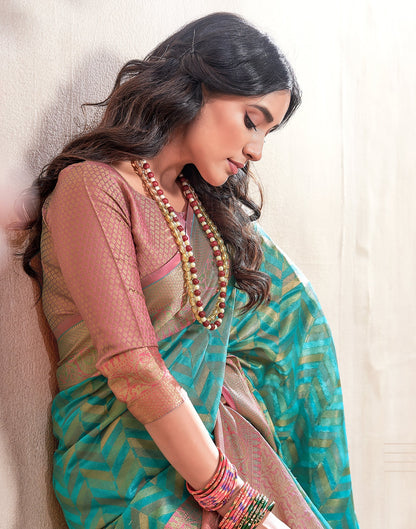 Turquoise Weaving Cotton Banarasi Saree