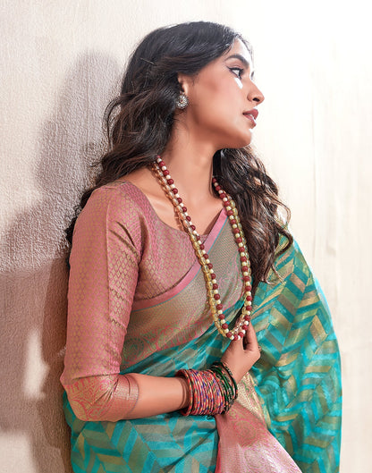 Turquoise Weaving Cotton Banarasi Saree