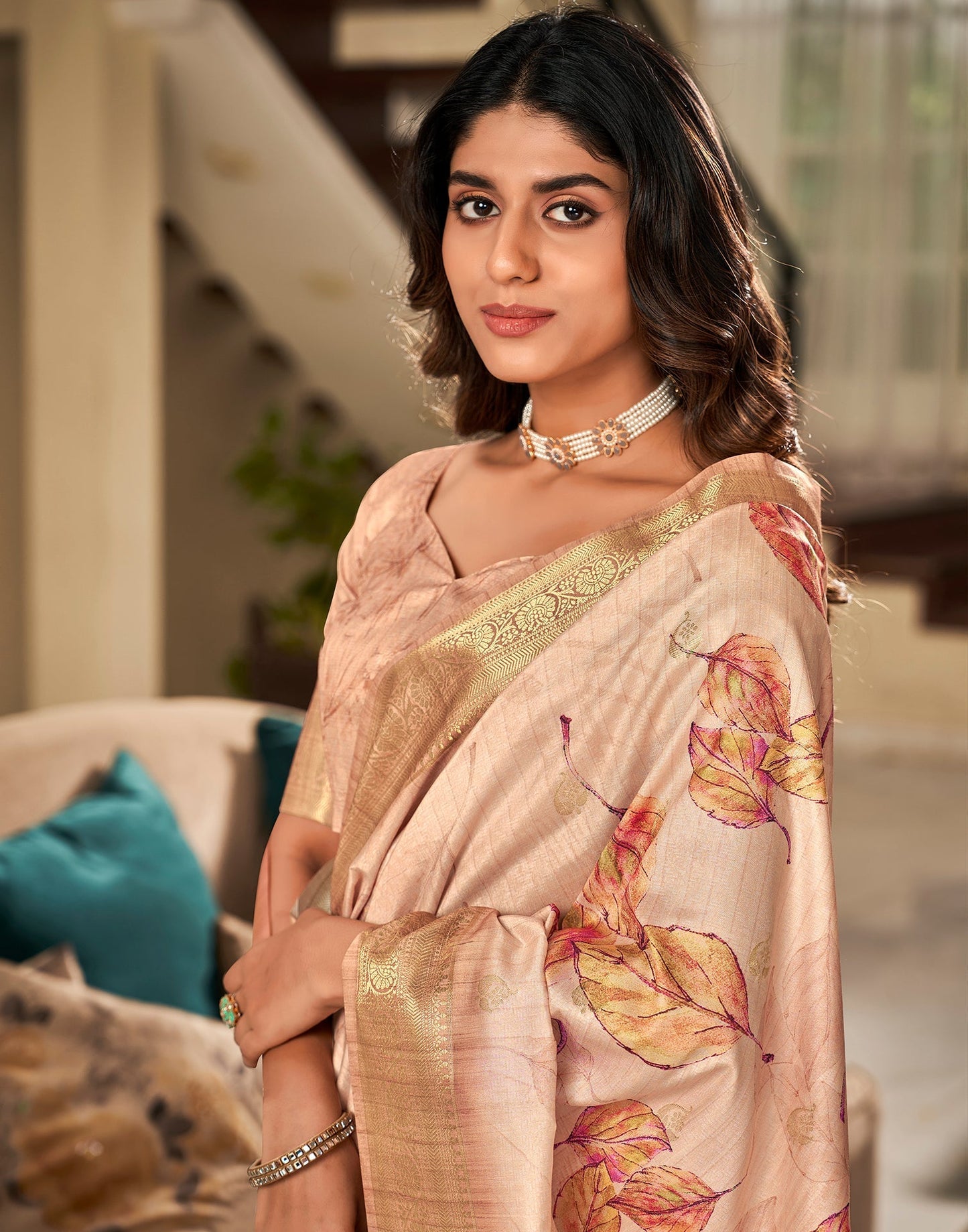 Beige Weaving Silk Printed Saree