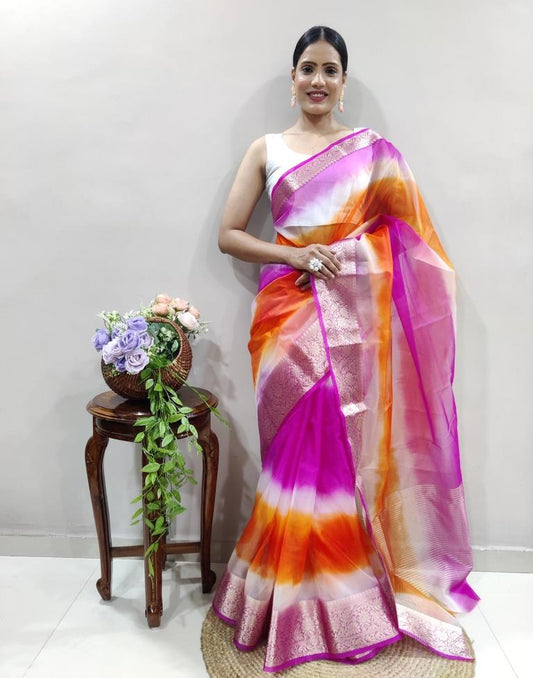 Rani Pink Organza Printed Saree