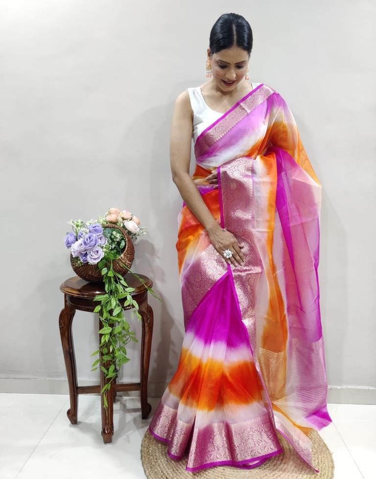 Rani Pink Organza Printed Saree
