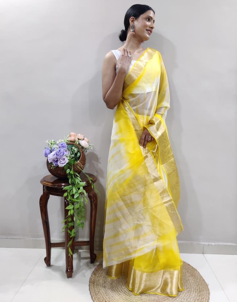 Yellow Organza Printed Saree