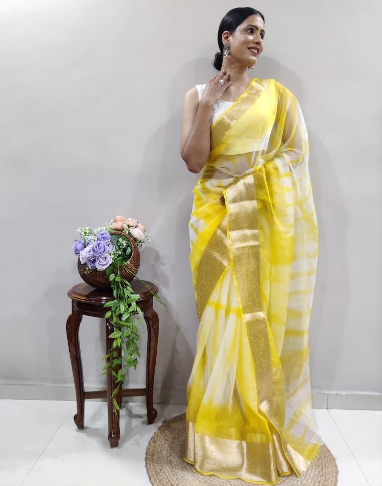 Yellow Organza Printed Saree