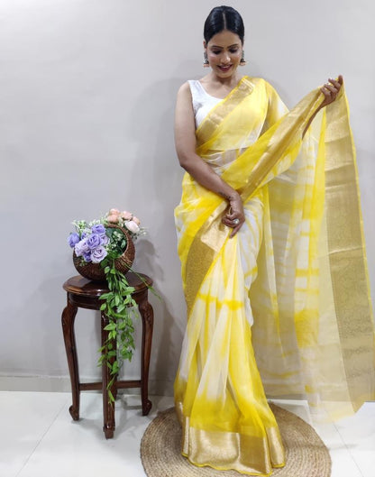 Yellow Organza Printed Saree