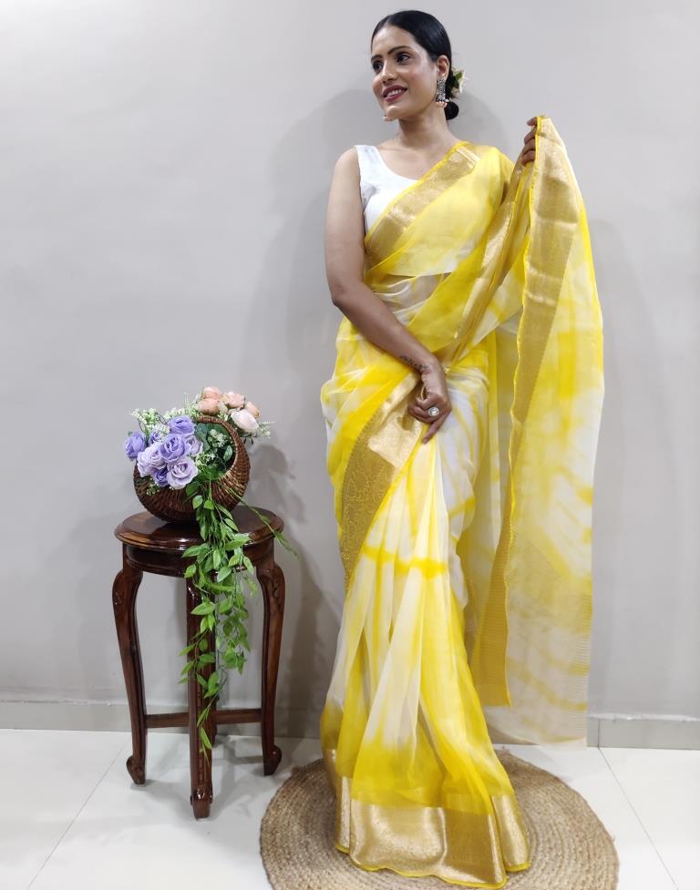 Yellow Organza Printed Saree