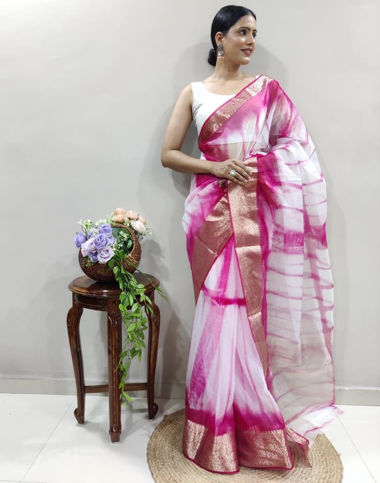 Rani Pink Organza Printed Saree