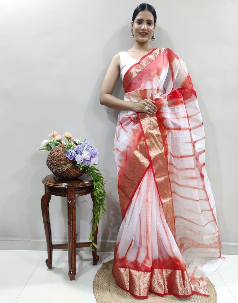 Red Organza Printed Saree